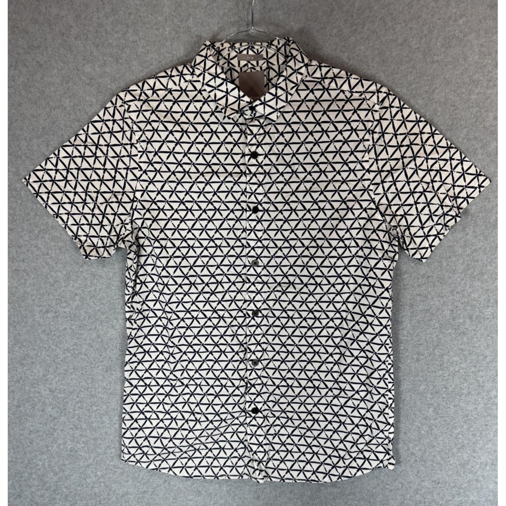 A Frame Shirt Mens XS White Black Geometric Short Sleeve Button Up Slim Fit Top